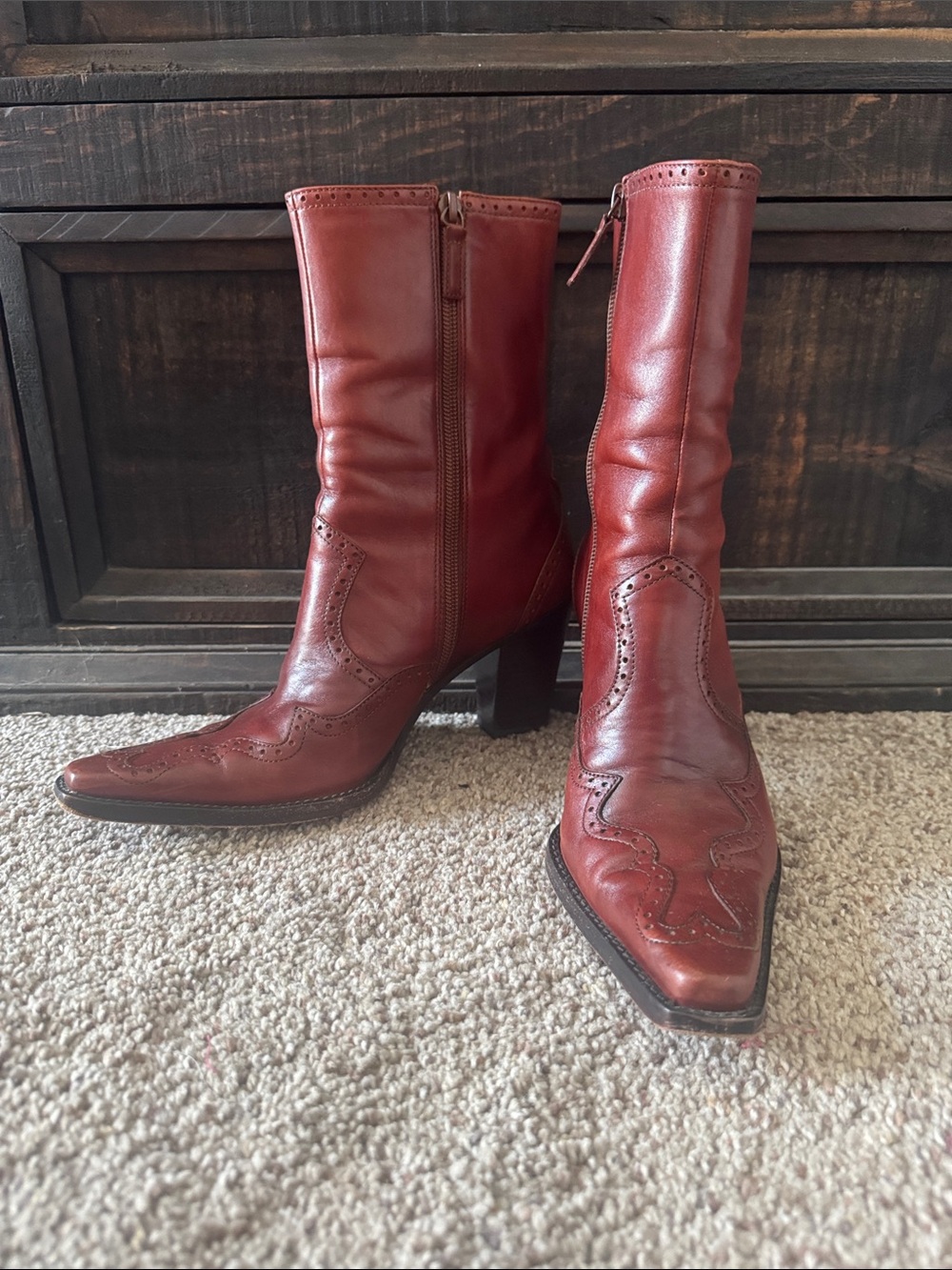 ANTONIO MELANI Burgundy Leather Western Mid-Calf Boots